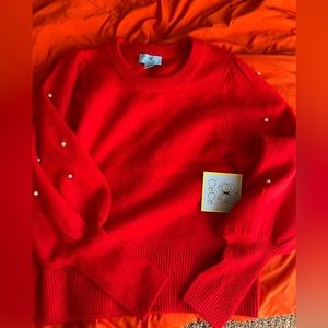 Holiday red cece sweater with Pearl sleeves